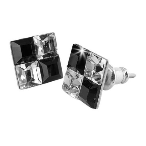 Fülbevaló, négyzet, fekete-fehér SWAROVSKI® kristállyal, 8 mm, ART CRYSTELLA®