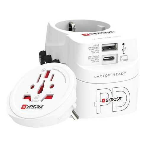 Adapter, világutazóknak, 1xUSB-A, 1xUSB-C PD, 45W, USB-C kábel, SKROSS