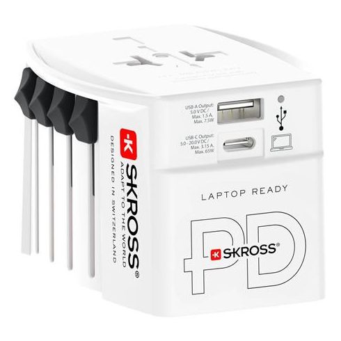 Adapter, világutazóknak, 1xUSB-A, 1xUSB-C PD, 65W, USB-C kábel, SKROSS