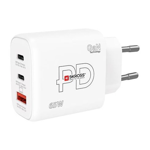 Hálózati töltő, 1xUSB-A, 2xUSB-C, PD, 65W, GaN, SKROSS