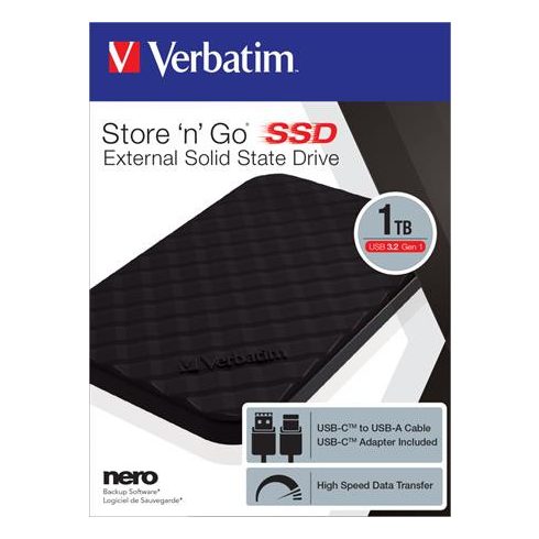 SSD (külső memória), 1TB, USB 3.2, VERBATIM "Storen Go", fekete