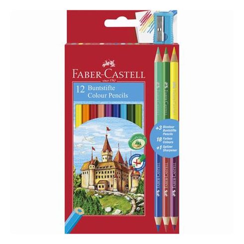 Színes ceruza készlet, hatszögletű, FABER-CASTELL, 12 különböző szín + 3 db bicolor ceruza