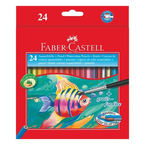 Akvarell ceruza készlet, hatszögletű, ecsettel, FABER-CASTELL, 24 különböző szín