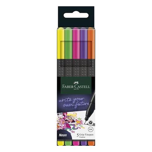 Tűfilc készlet, 0,4 mm, FABER-CASTELL "Grip", 5 különböző neon szín