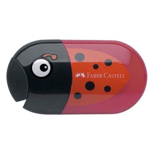 Hegyező és radír, kétlyukú, tartályos, FABER-CASTELL, katicabogár minta