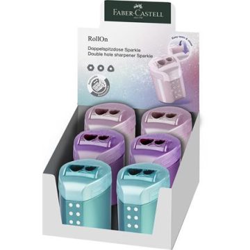   Hegyező, kétlyukú, tartályos, display, FABER-CASTELL "RollOn Sparkle", metál színek