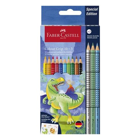 Színes ceruza készlet, háromszögletű, FABER-CASTELL "Grip Dinoszaurusz" 10+3 különböző szín