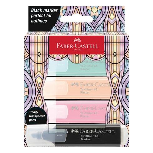 Szövegkiemelő készlet, FABER-CASTELL "Glassy", 3 különböző pasztell szín + fekete