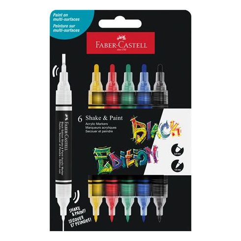 Dekormarker készlet, 1,0/3,0 mm, kétvégű, akril, FABER-CASTELL "Shake&Paint", 6 különböző szín