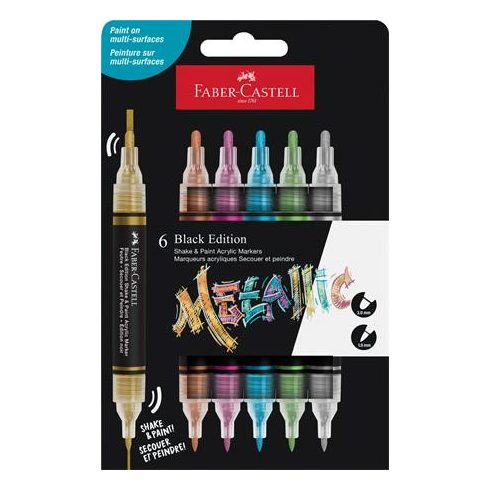 Dekormarker készlet, 1,0/3,0 mm, kétvégű, akril, FABER-CASTELL "Shake&Paint", 6 különböző metál szín