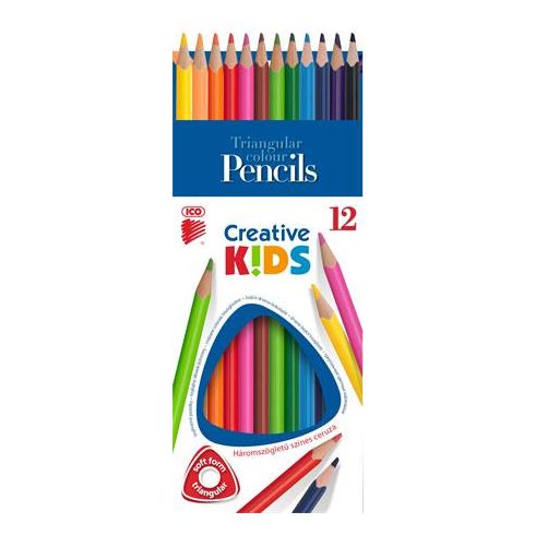 Színes ceruza készlet, háromszögletű, ICO "Creative kids", 12 különböző szín