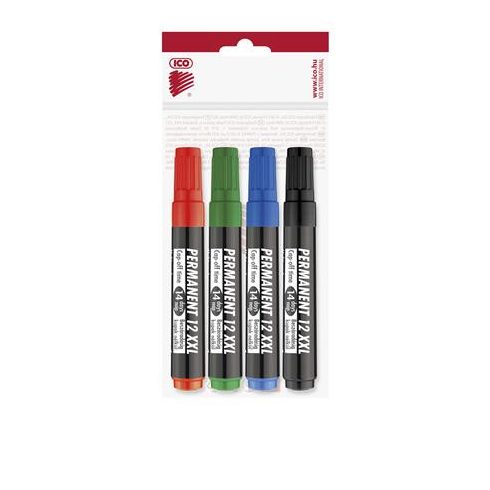 Alkoholos marker készlet, 1-4 mm, vágott, ICO "Permanent 12 XXL", 4 különböző szín