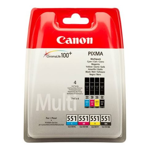 CLI-551KIT Tintapatron multipack Pixma iP7250, MG5450 nyomtatókhoz, CANON, b+c+m+y, 4*7ml