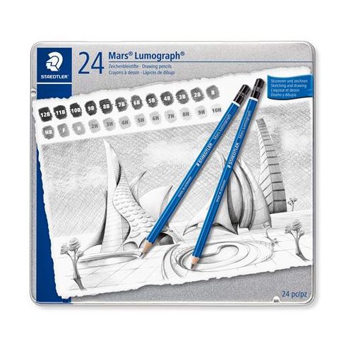 Grafitceruza készlet, fém doboz, hatszögletű, STAEDTLER "Mars® Lumograph® 100", 24 különböző keménység