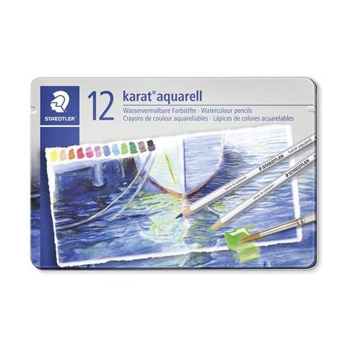 Akvarell ceruza készlet, hatszögletű, fém doboz, STAEDTLER "Karat® aquarell 125", 12 különböző szín