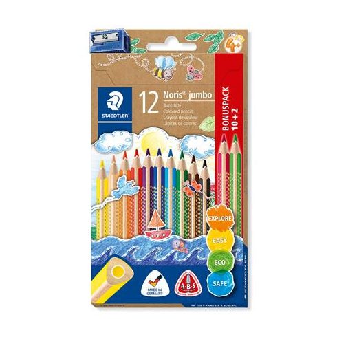 Színes ceruza készlet, háromszögletű, vastag, hegyezővel, STAEDTLER "Noris® Jumbo 128", 10+2 különböző szín