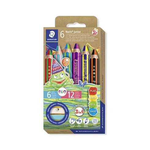 Színes ceruza készlet, duo színű, hegyezővel, STAEDTLER "Noris® junior 140", 6 különböző szín