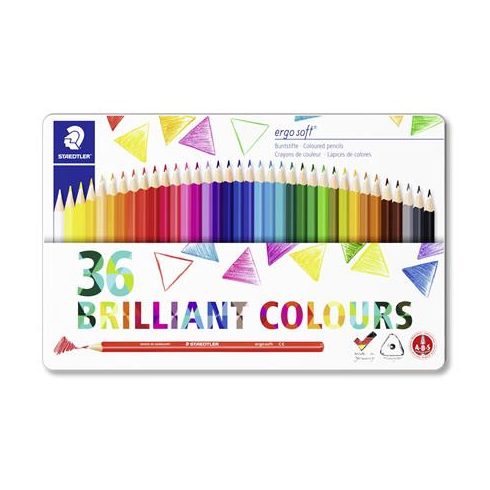 Színes ceruza készlet, háromszögletű, fémdobozos, STAEDTLER "Ergo Soft 157", 36 különböző szín