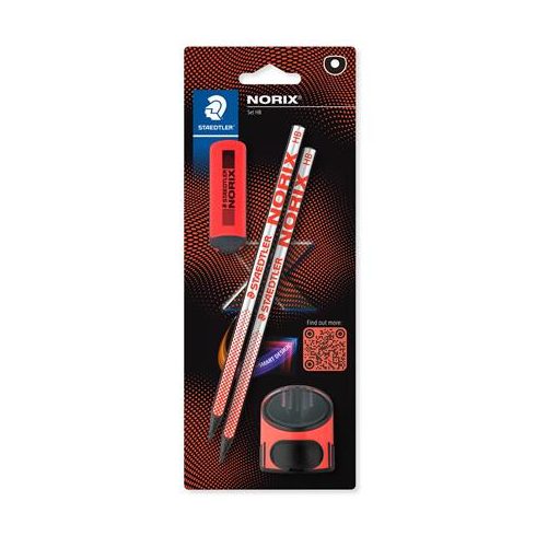 Grafitceruza készlet, hegyezővel, radírral, HB, STAEDTLER "Norix® 181", korall piros