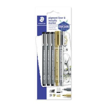   Tusfilc és dekormarker készlet, 5 db, STAEDTLER, "Pigment Liner 308"