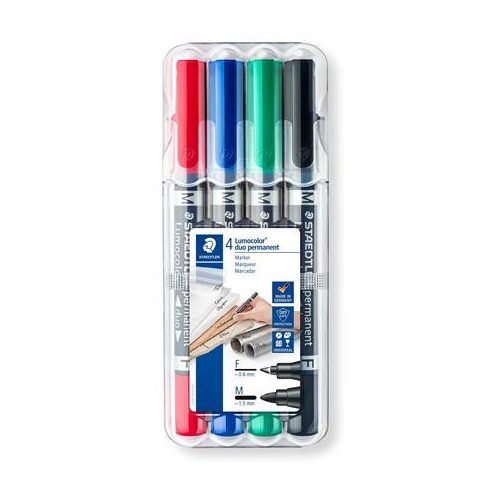 Alkoholos marker készlet, 0,6/1,5 mm, kúpos, kétvégű, STAEDTLER "Lumocolor® duo 348", 4 különböző szín