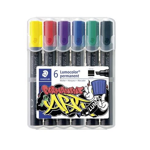 Alkoholos marker készlet, 2-5 mm, vágott, STAEDTLER "Lumocolor® 350", 6 különböző szín