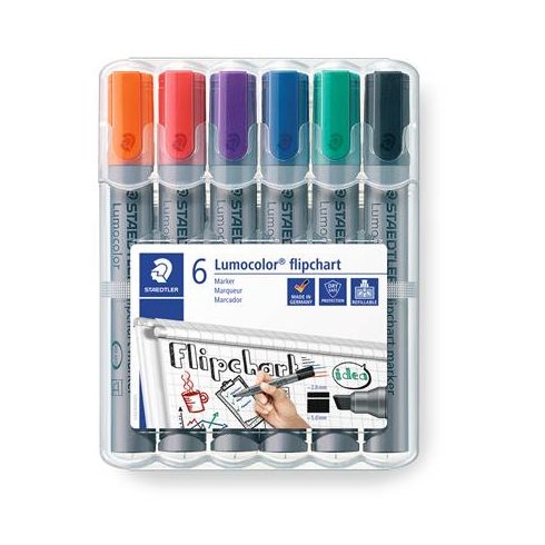 Flipchart marker készlet, 2-5 mm, vágott, STAEDTLER "Lumocolor 356 B", 6 különböző szín