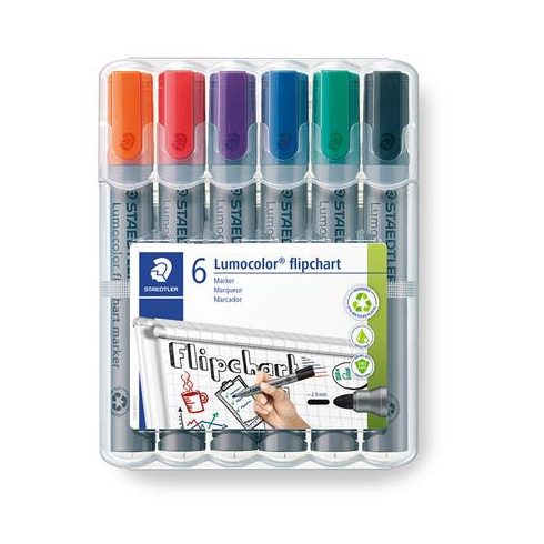 Flipchart marker készlet, 2 mm, kúpos, STAEDTLER "Lumocolor 356", 6 különböző szín