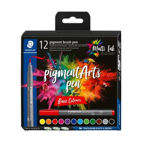 Ecsetirón készlet, STAEDTLER "Pigment brush 371", 12 különböző alapszín