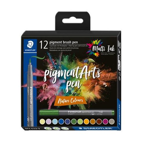 Ecsetirón készlet, STAEDTLER "Pigment brush 371", 12 különböző természeti szín