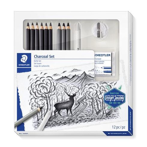Grafit- és szénceruza készlet, kiegészítőkkel, 12 darabos, STAEDTLER "Mars® Lumograph® 100C"