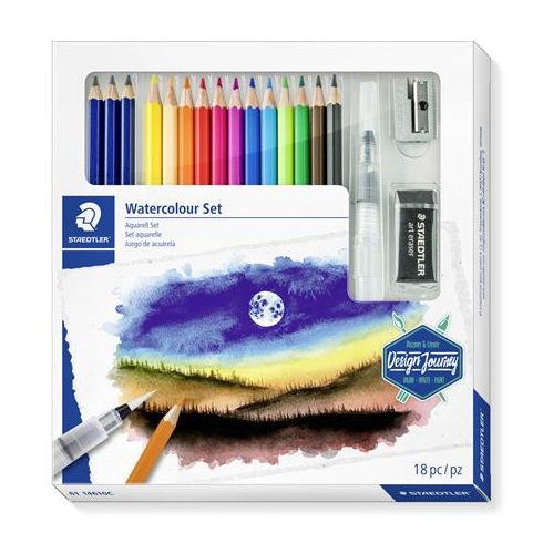 Akvarell ceruza készlet, ecsettel, radírral, hegyezővel, grafitceruzával, STAEDTLER® "146 10C", 12 különböző szín