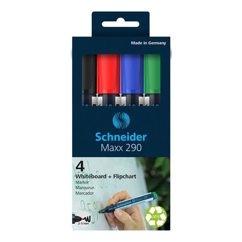 Tábla- és flipchart marker készlet, 2-3 mm, kúpos, SCHNEIDER "Maxx 290", 4 különböző szín