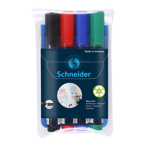 Tábla- és flipchart marker készlet, 2-5 mm, vágott, SCHNEIDER "Maxx 293", 4 különböző szín