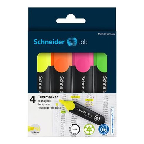 Szövegkiemelő készlet, 1-5 mm, SCHNEIDER "Job 150", 4 különböző szín