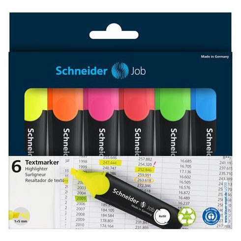 Szövegkiemelő készlet, 1-5 mm, SCHNEIDER "Job 150", 6 különböző szín