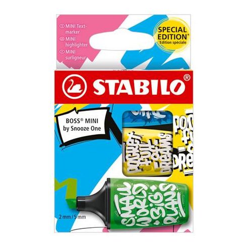 Szövegkiemelő készlet, 2-5 mm, STABILO, "Boss Mini Snooze One", 3 különböző szín
