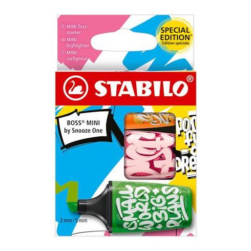 Szövegkiemelő készlet, 2-5 mm, STABILO, "Boss Mini Snooze One", 3 különböző szín