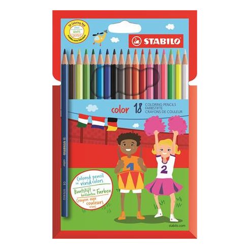 Színes ceruza készlet, hatszögletű, STABILO "Color", 18 különböző szín