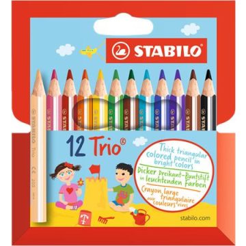   Színes ceruza készlet, háromszögletű, vastag, rövid, STABILO "Trio", 12 különböző szín