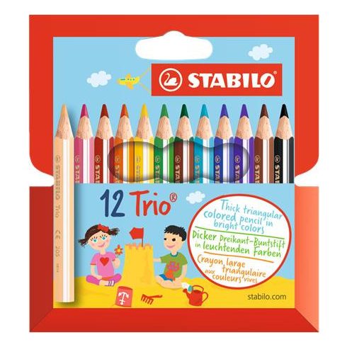 Színes ceruza készlet, háromszögletű, vastag, rövid, STABILO "Trio", 12 különböző szín