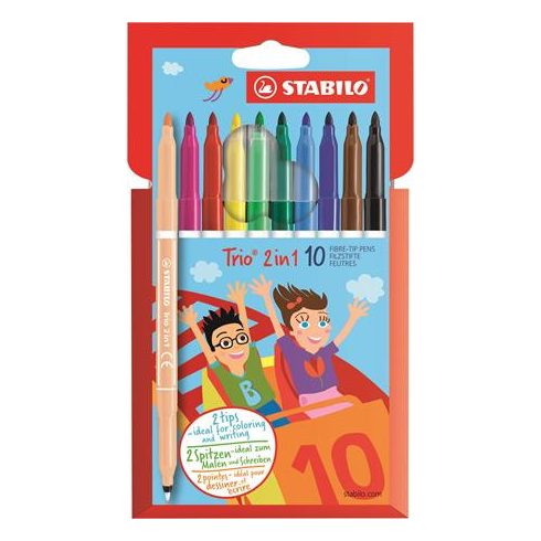 Filctoll készlet, 0,5-2 mm, kétvégű, STABILO "Trio 2 in 1", 10 különböző szín