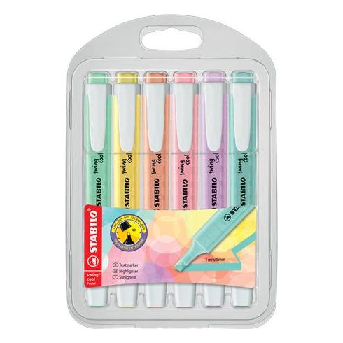 Szövegkiemelő készlet, 1-4 mm, STABILO "Swing Cool Pastel", 6 különböző szín