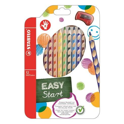Színes ceruza készlet, háromszögletű, jobbkezes, STABILO "EasyColours", 12 különböző szín