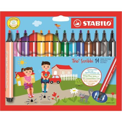 Filctoll készlet, 1,5-2 mm, rugós hegy, STABILO "Trio Scribbi", 14 különböző szín