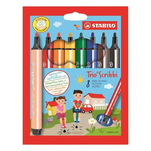 Filctoll készlet, 1,5-2 mm, rugós hegy, STABILO "Trio Scribbi", 8 különböző szín