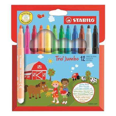 Filctoll készlet, 3 mm, STABILO "Trio Jumbo", 12 különböző szín