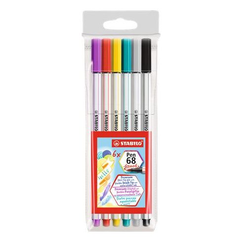 Ecsetirón készlet, STABILO "Pen 68 brush", 6 különböző szín