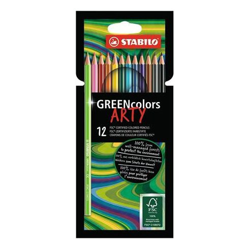 Színes ceruza készlet, hatszögletű, STABILO "GreenColors ARTY", 12 különböző szín