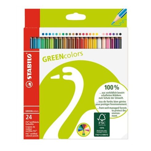 Színes ceruza készlet, hatszögletű, STABILO "GreenColours", 24 különböző szín